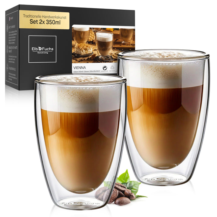ElbFuchs® Doppelwandige Latte Macchiato Gläser Set [2x 350ml] Kristallklare Thermogläser doppelwandi