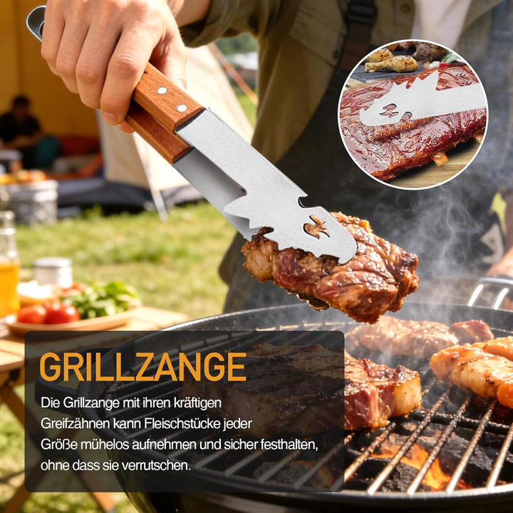Grillbesteck-Set 3-TLG Aufhänge-Ösen, Grillzubehör mit Grillzange, Grillwender, Fleischgabel, Extra