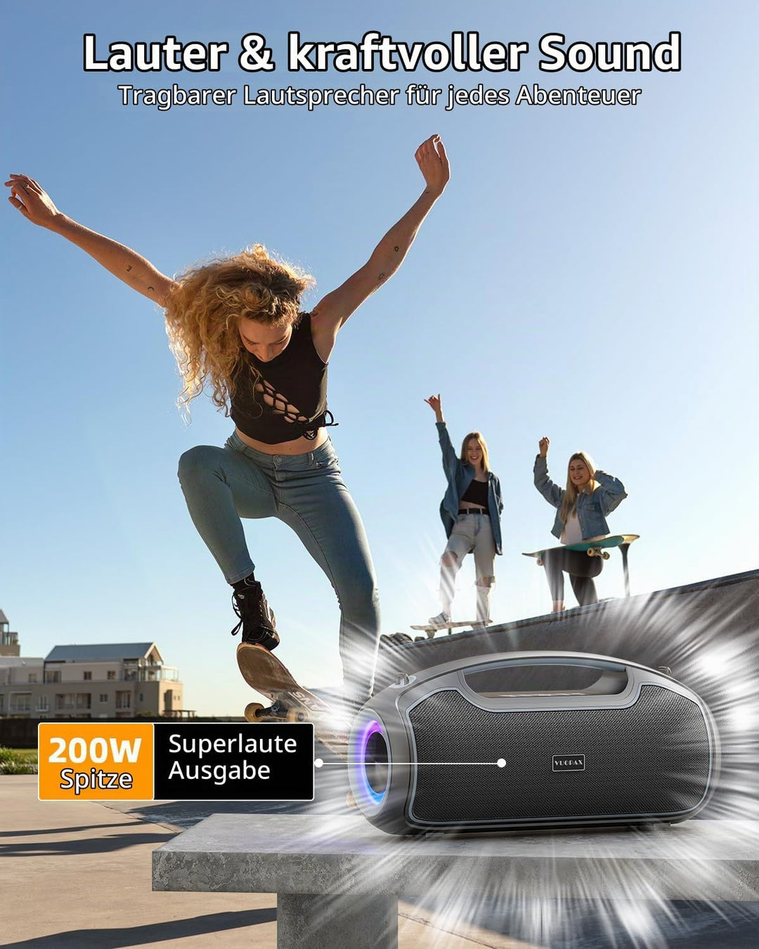 Bluetooth Lautsprecher, Tragbare Musikbox Bluetooth 5.3 mit 2 * Subwoofer,200W Spitzenleistung/Bass