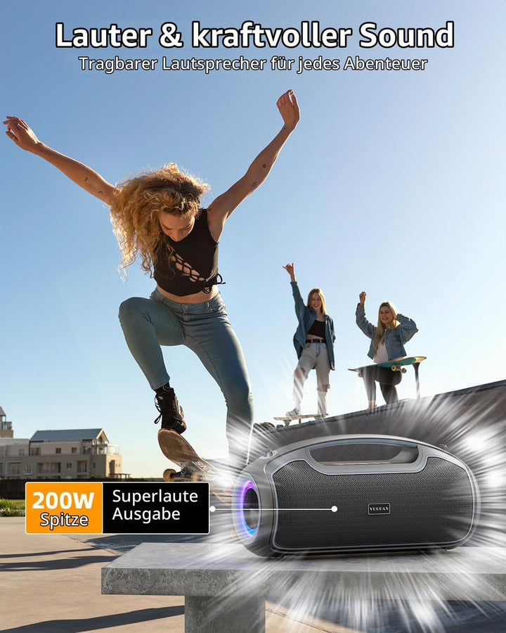 Bluetooth Lautsprecher, Tragbare Musikbox Bluetooth 5.3 mit 2 * Subwoofer,200W Spitzenleistung/Bass