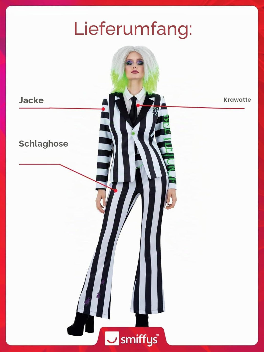Smiffys Beetlejuice Kinderkleid mit abgetauchtem Saum, Rock, schwarz-weisse Streifen mit aufgedruckt