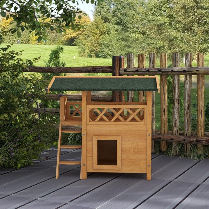 PawHut Katzenhaus aus Holz Winterfest wasserdicht Katzenhütte mit Asphaltdach Terrasse Treppe Katzen