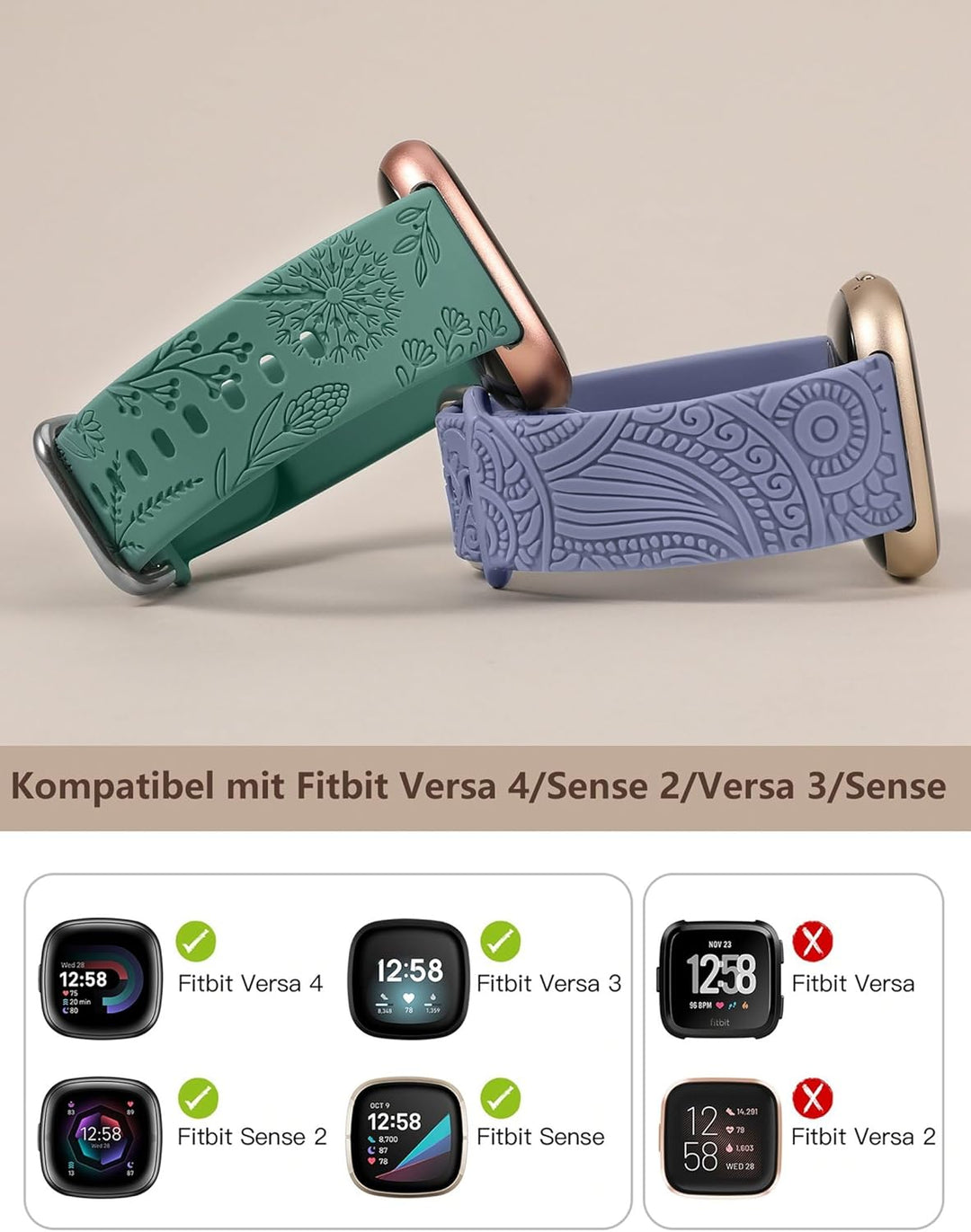 TOYOUTHS 2 Stück Floral Gravierte Armband kompatibel mit Fitbit Versa 4/Versa 3/Sense 2/Sense Armban