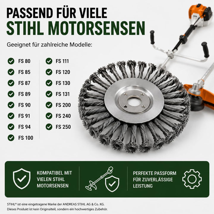 Universal Unkrautbürste Fugenbürste 200 mm für Stihl Motorsense mit Befestigungsset FS 80, 85, 87, 8