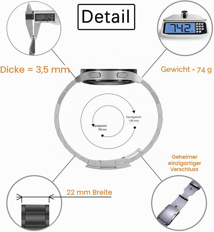 MaKTech Titanband,20mm Leichtes Metallglieder Armband,für Samsung Galaxy Watch 7 FE 6 5 4,40/42/43/4