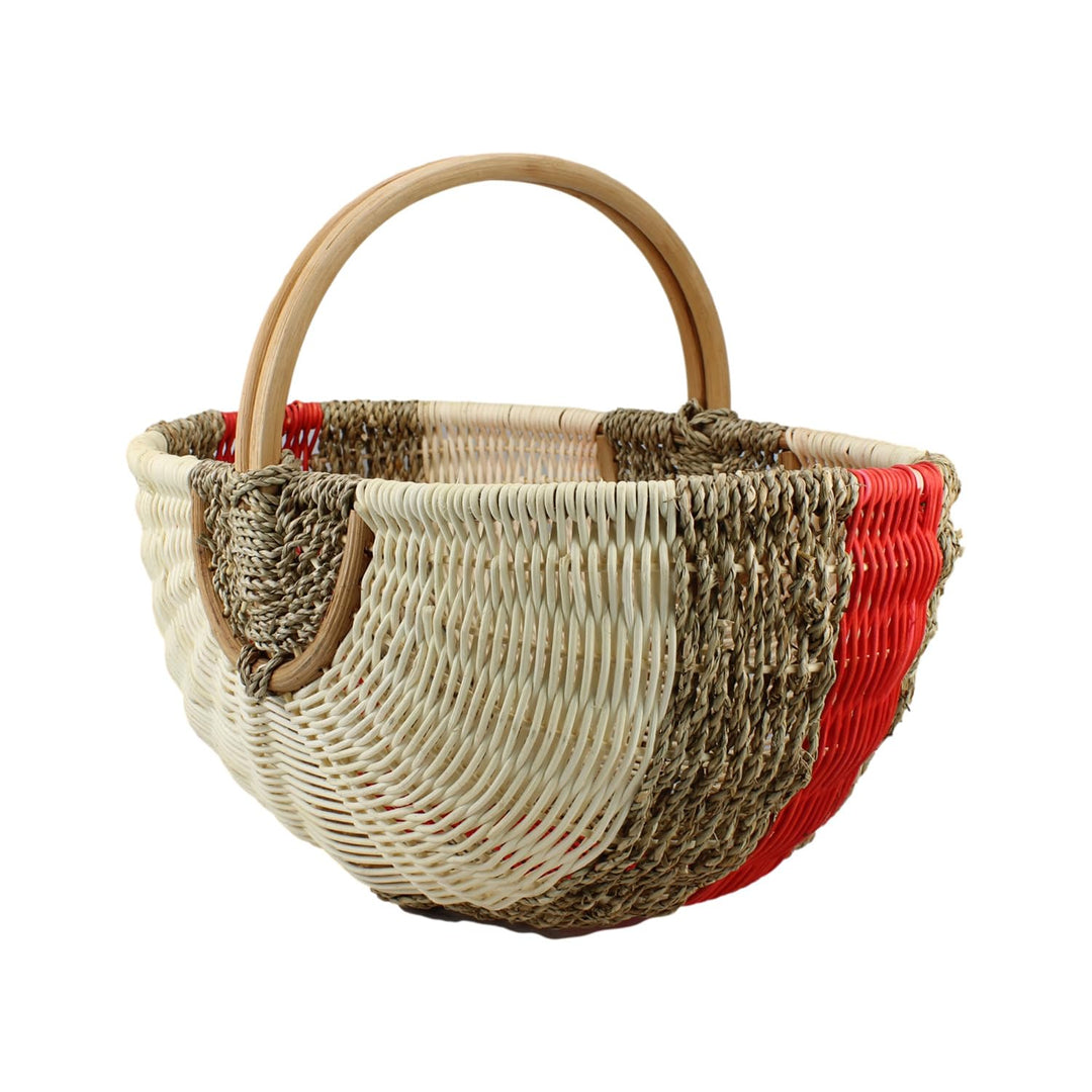 Grosser Einkaufskorb aus Rattan & Seegras – Handgeflochtener Picknickkorb mit Henkel – 48x33x24 cm –