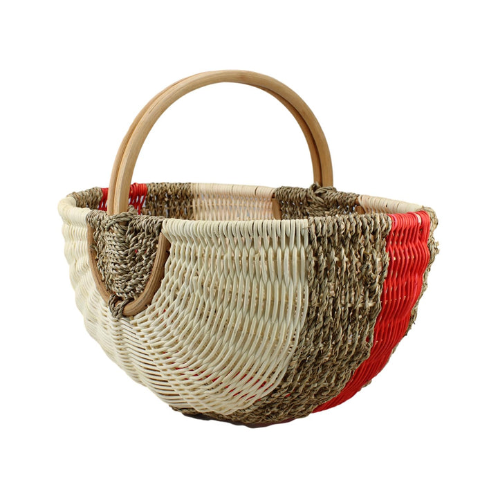 Grosser Einkaufskorb aus Rattan & Seegras – Handgeflochtener Picknickkorb mit Henkel – 48x33x24 cm –
