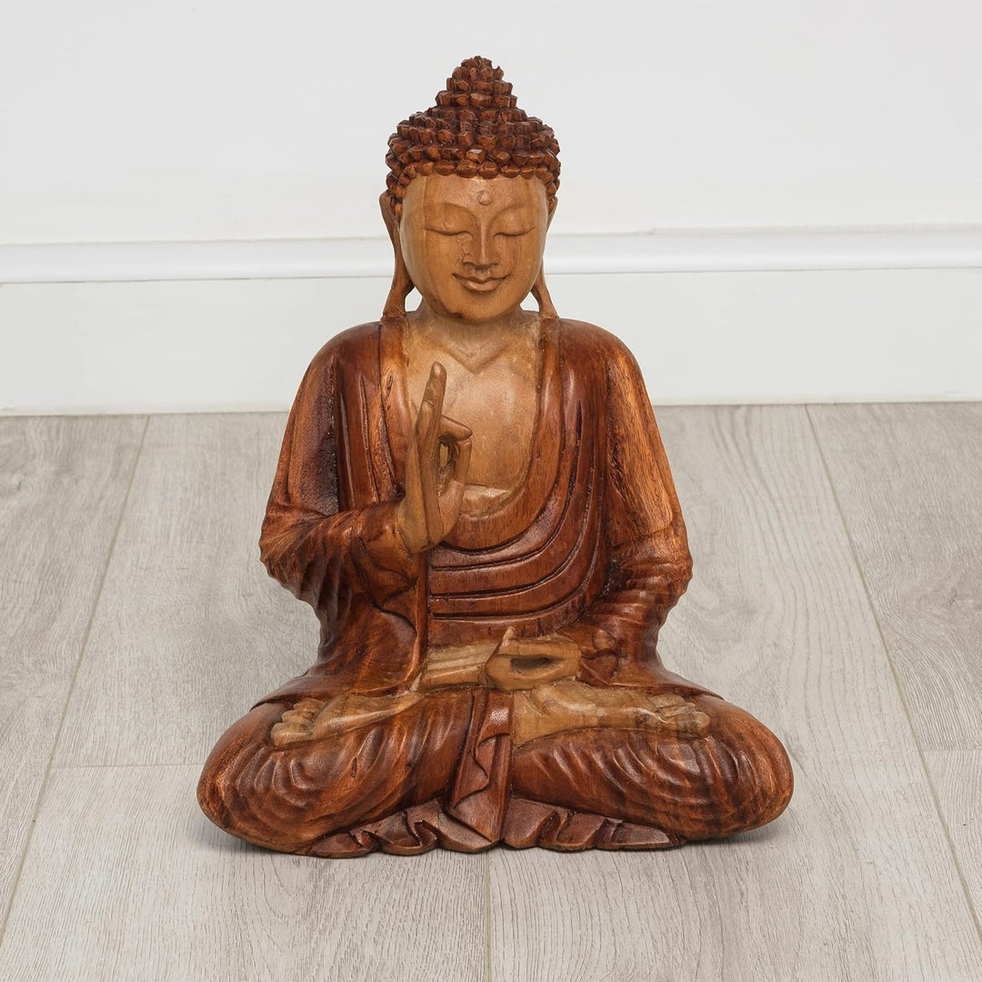livasia Buddha, Buddhismus Statue, Skulptur aus Holz, Dekofigur (Buddha 30cm 1 Hand Oben), Buddha 30