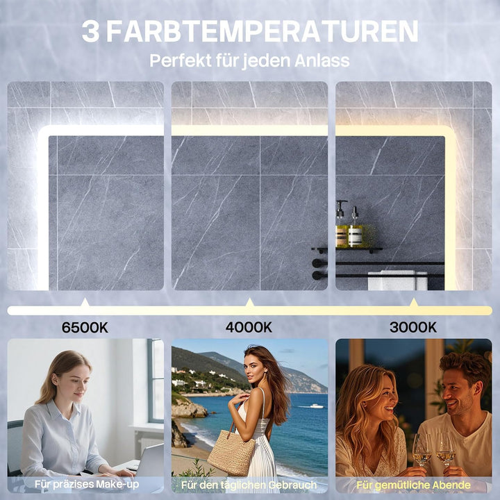 HySail Badspiegel mit Beleuchtung, 5mm Hochauflösender Silber-Spiegel, 3 Farbtemperaturen & Dimmbare