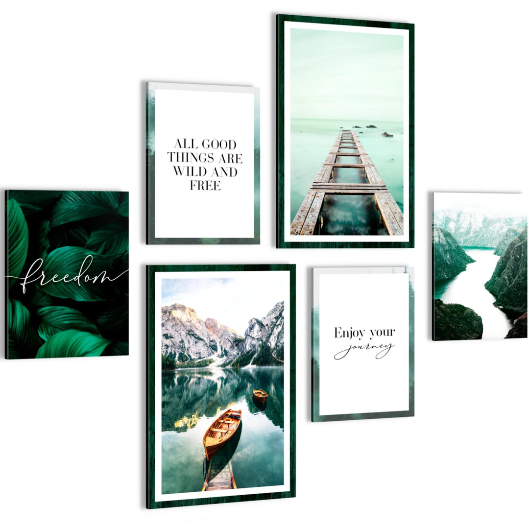 Novart Wandbilder Set Berge und See Natur Türkis - KEIN EXTRA RAHMEN BENÖTIGT - Modern Deko - Wohnzi