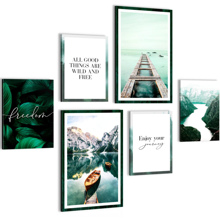 Novart Wandbilder Set Berge und See Natur Türkis - KEIN EXTRA RAHMEN BENÖTIGT - Modern Deko - Wohnzi
