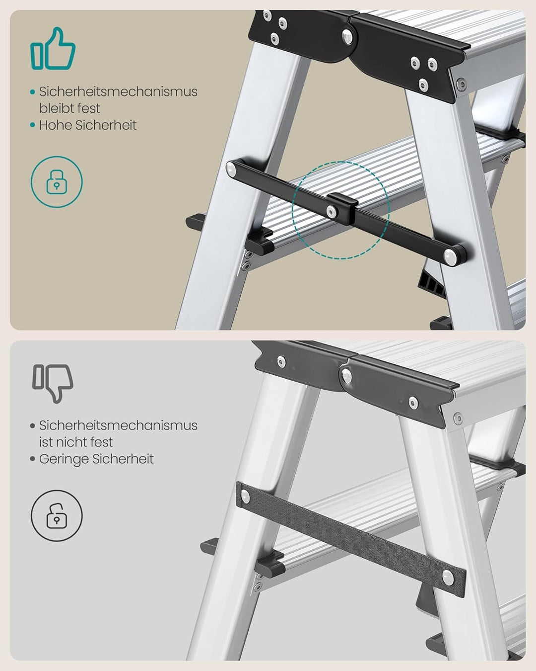SONGMICS Leiter, Trittleiter, Aluleiter mit 3 Stufen, Stehleiter, Mehrzweckleiter, bis 150 kg belast