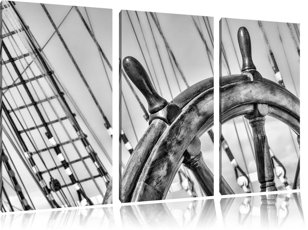 Pixxprint Steuerrad auf dem Schiff 3Teiler 120x80 cm Leinwandbild Wandbild Kunstdruck
