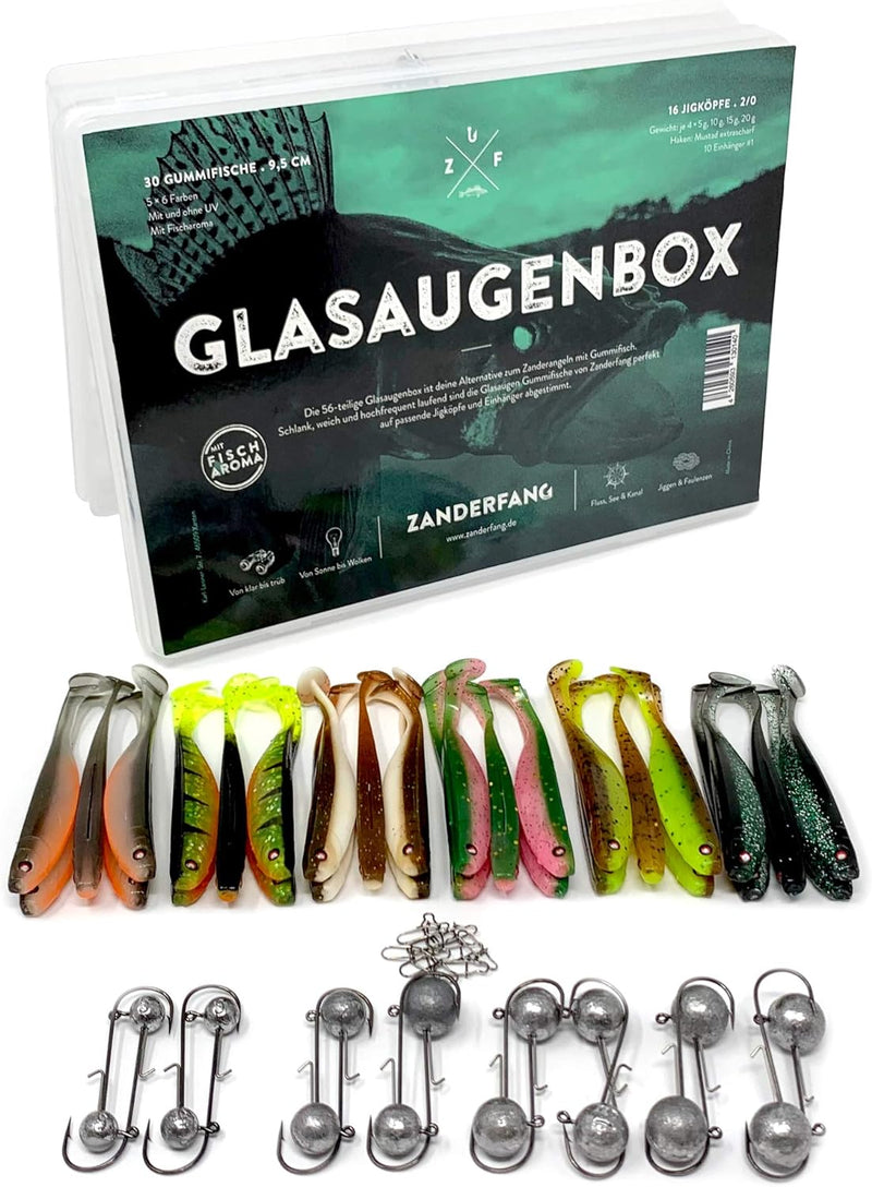 Zanderfang Gummifisch Box - Gummifische mit Jigkopf zum Zanderangeln mit Gummifisch - 30 Zander Gumm