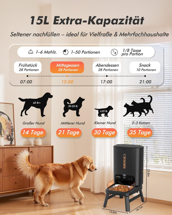 Futterautomat Katze für grosse Hunde, 15L grosse Kapazität für Katzen &amp; Hunde | Katzenfutter für 2–2