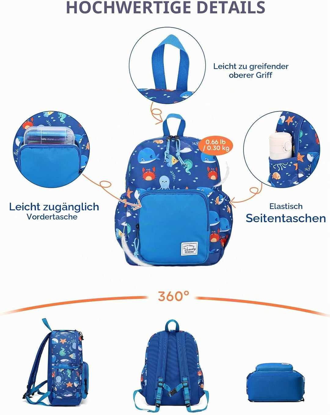 VASCHY Kinderrucksack, leicht, Schulranzen, Mädchen, Jungen, Grundschule, Kindergarten, 4 – 6 Jahre,