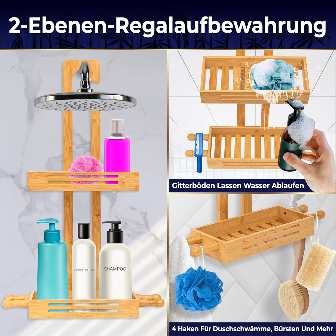 SereneLife Duschablage zum Hängen, Shampoo Halterung für Dusche aus Bambus, Duschkorb zum Hängen-2-s