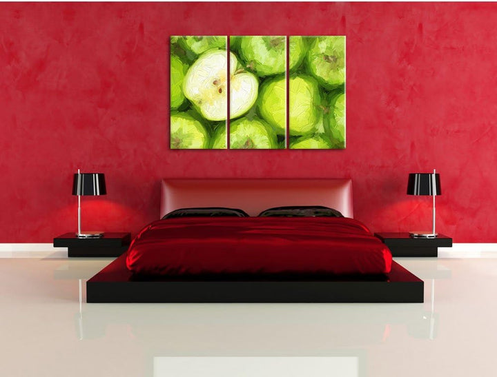 Pixxprint Grüne Äpfel als Leinwandbild/Grösse: 3 Teilig (120x80) cm/Wandbild/Kunstdruck/fertig bespa