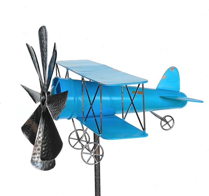 DanDiBo Gartenstecker Metall Flugzeug XL 160 cm Doppeldecker Blau 96099 Windspiel Windrad Wetterfest