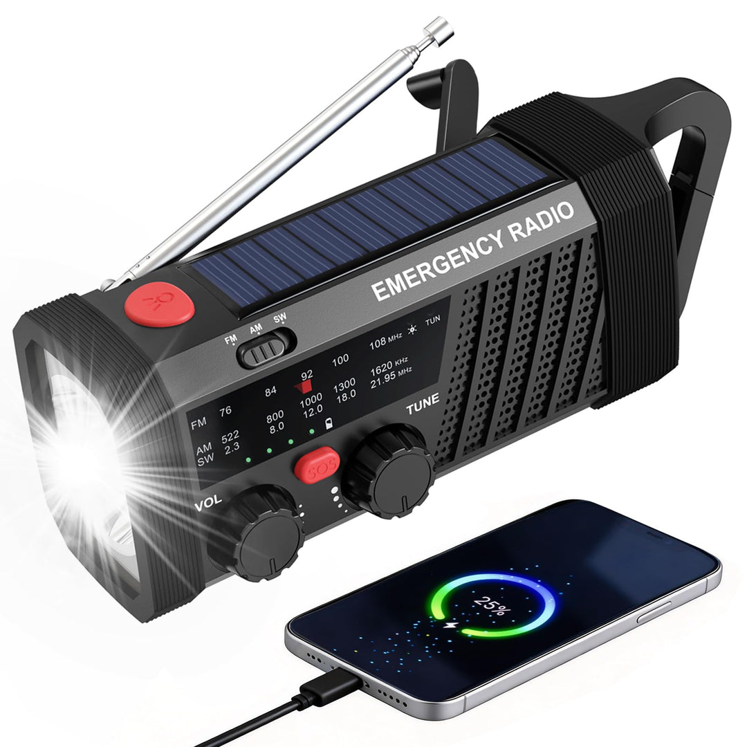Solar Kurbelradio Notfallradio, Tragbares Dynamo Radio mit AM/FM/SW, SOS‑Alarm, LED Taschenlampe, 20