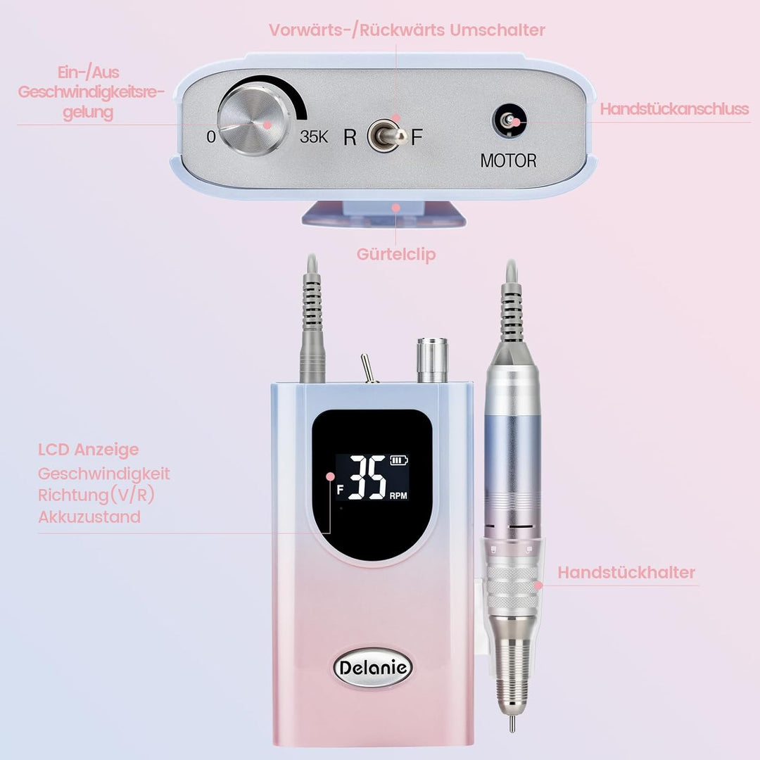 Delanie Elektrische Nagelfräser 35000 U/min, Wiederaufladbare Fräser für gelnägel Nagellack, Manikür