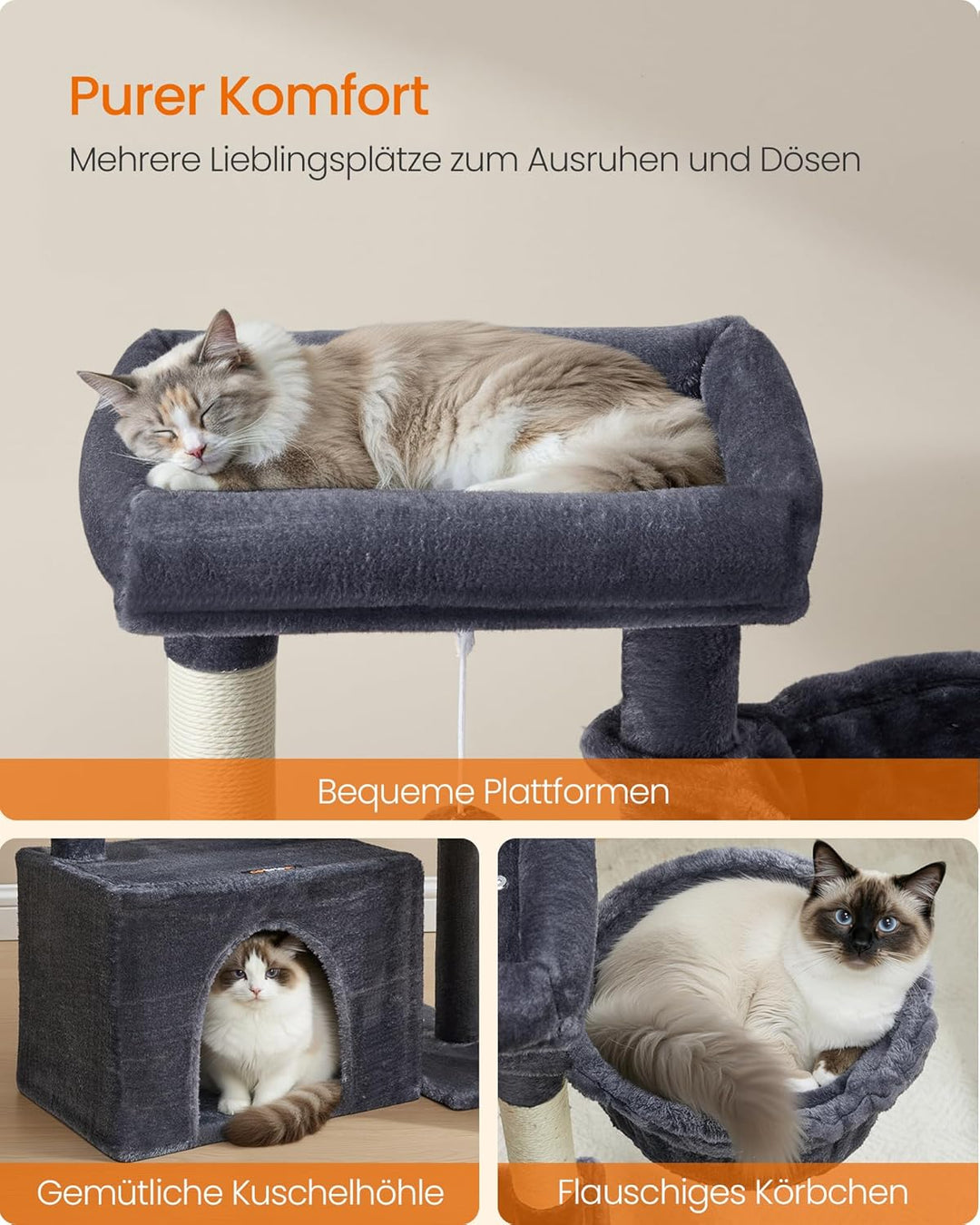 Feandrea Kratzbaum, Katzenbaum mit Kratzsäulen, Rampe, Katzenkratzbaum, 2 grosse Plattformen, Höhle