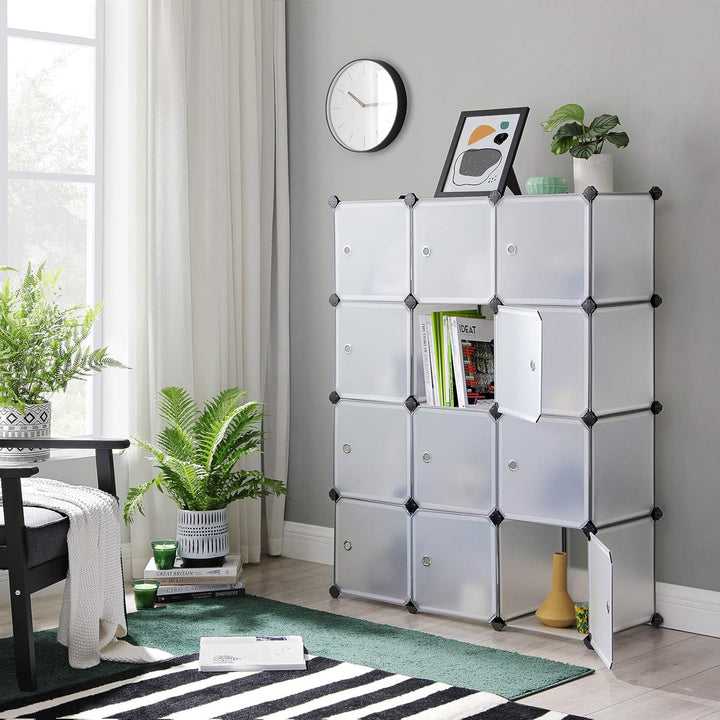SONGMICS Regalsystem, Schuhregal, Set aus 12 Würfeln, Kleiderschrank aus Kunststoff, mit Türen, Stec