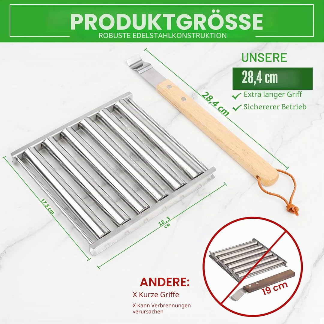 KAYCROWN Hot Dog Roller Edelstahl Wurstroller Rack mit extra langem Holzgriff, BBQ Hot Dog Griller f