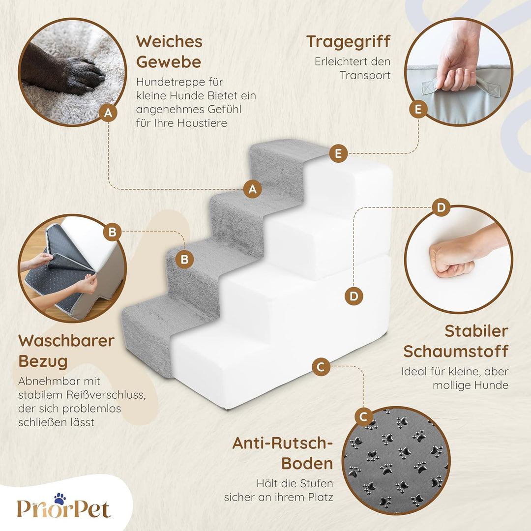 Hundetreppe für Bett und Sofa - 4 Stufen Hunderampe 58cm Hoch - Schaumstoff für Kleine Hunde - Siche