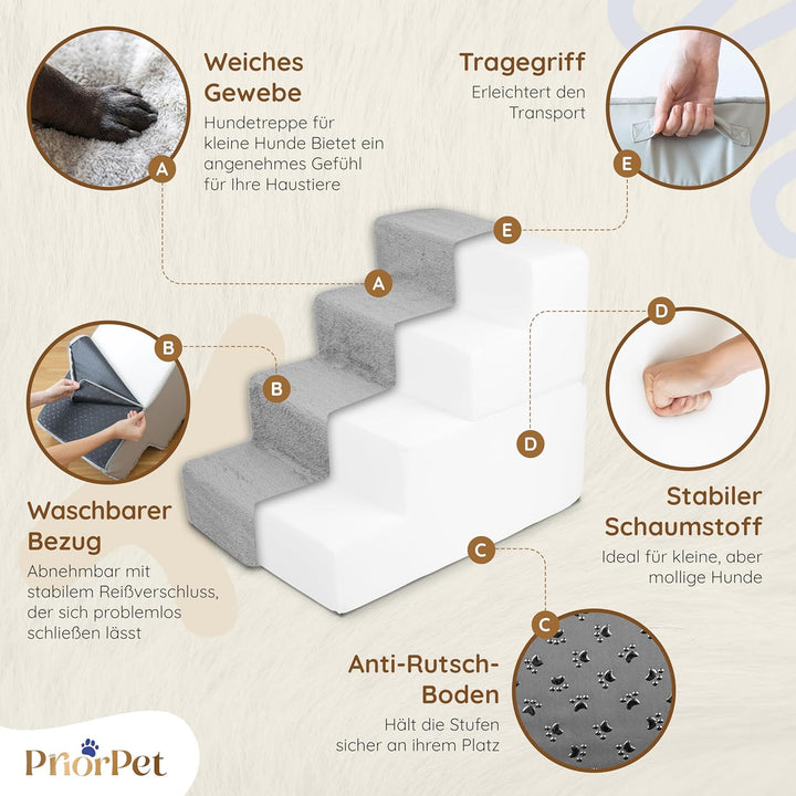 Hundetreppe für Bett und Sofa - 4 Stufen Hunderampe 58cm Hoch - Schaumstoff für Kleine Hunde - Siche