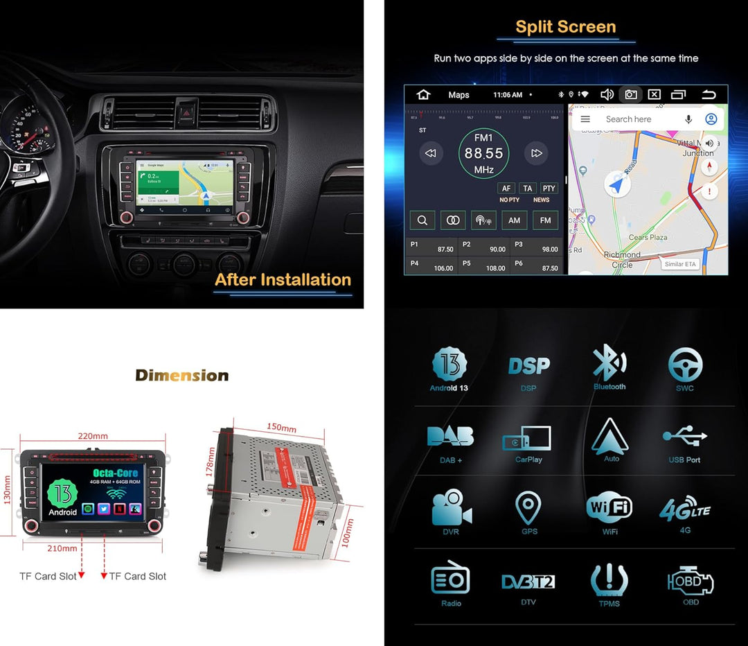 [8-Kern 4GB+64GB] Erisin 7" Android 12 Autoradio 2din mit GPS Navi CD Player für VW Passat Golf 5 Go