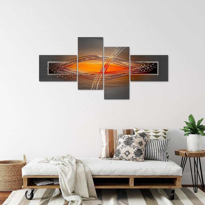 Runa Art Wandbilder Set XXL Abstrakt Wohnzimmer Schlafzimmer Grau Orange Schwarz 4 Teilig - Made in