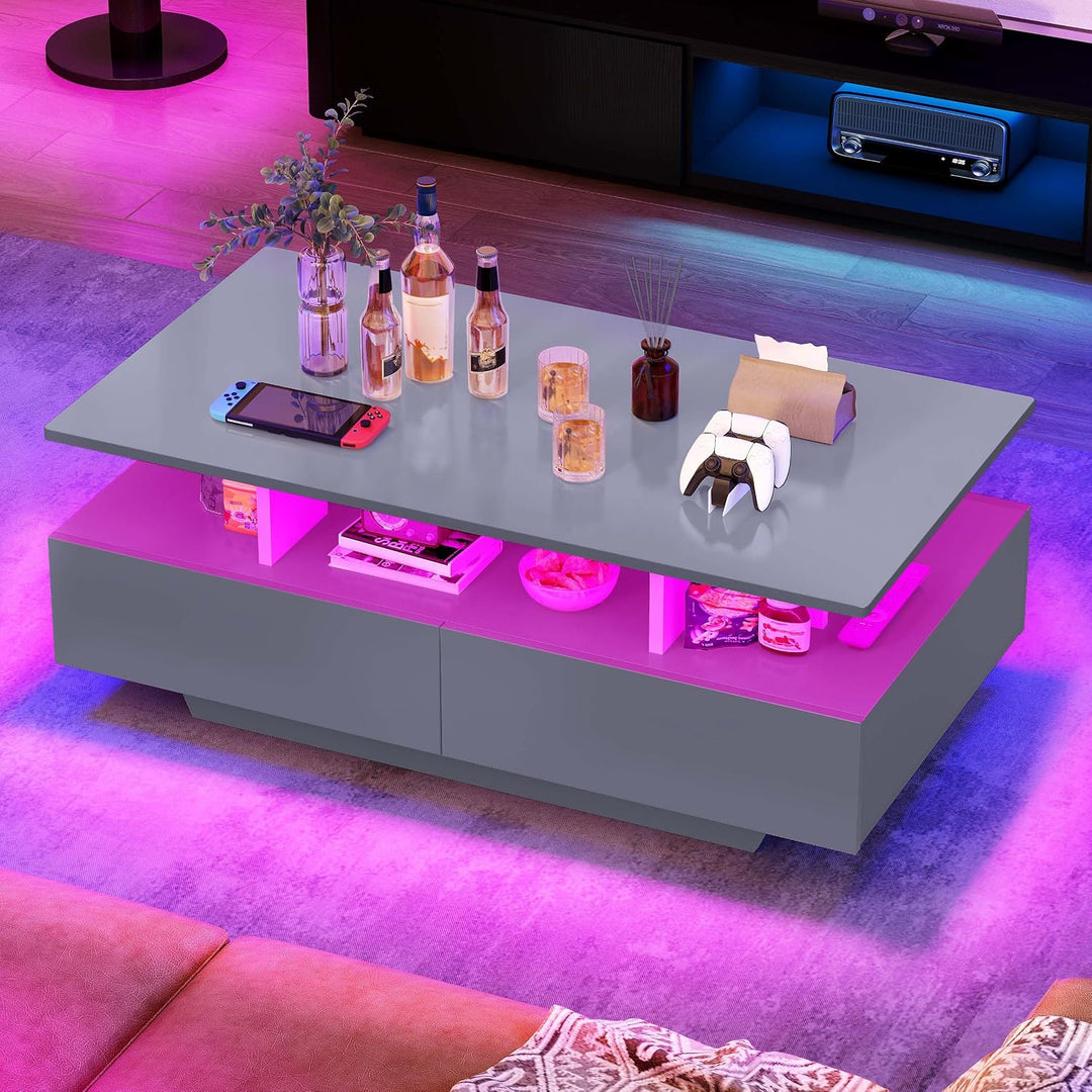YITAHOME Couchtisch Grau, Wohnzimmertisch Hochglanz mit 16-Farbiger LED Beleuchtung Modern, Beistell