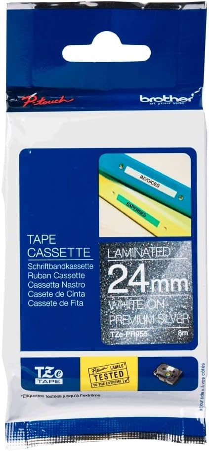 Brother TZePR955 Original TZE-Schriftband auf Premium-Silber 24 mm breit, 8 m lang, laminiert weiss,
