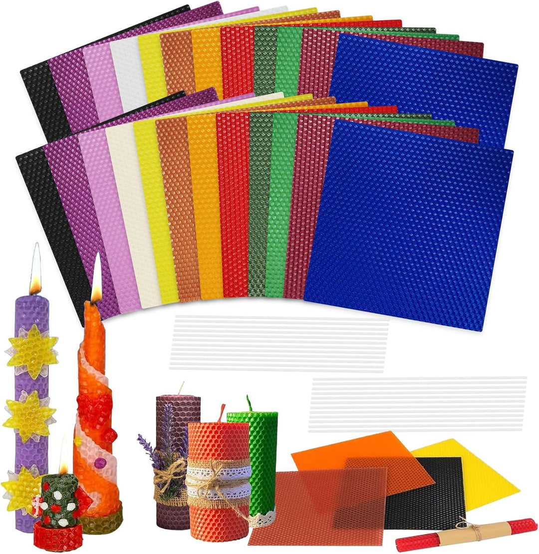 Jinfanshurich Bienenwachsplatten Bunt 24 Stück (20×20 cm) mit 24 Dochten – Kerzenset zum Selbstmache