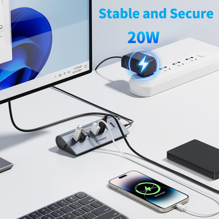JESWO USB HUB mit Netzteil, Aluminium USB 3.0 Hub Aktiv mit 7-Port USB Verteiler 3.0 mit 5V/4A Netzt