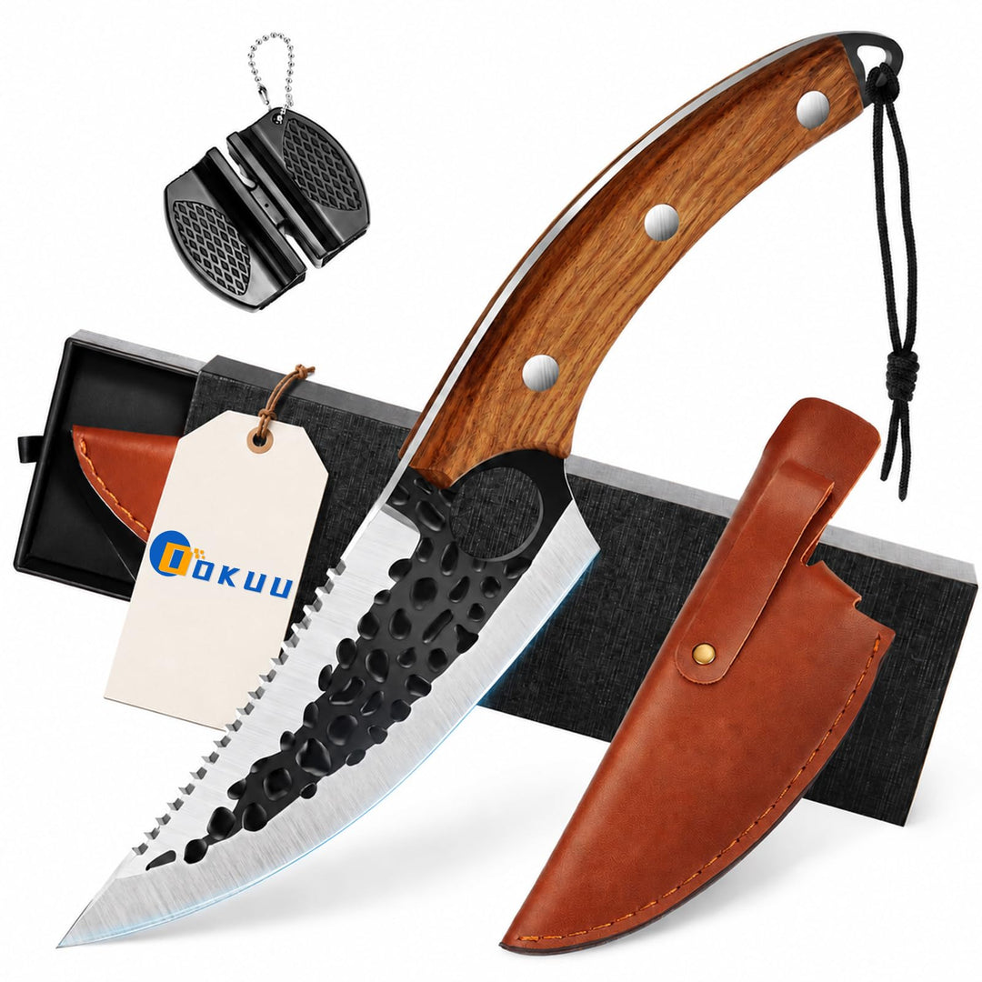 OOKUU Kochmesser Küchenmesser, Fleischerbeil Hackmesser mit Messerschärfer, Lederhülle, Ausbeinmesse