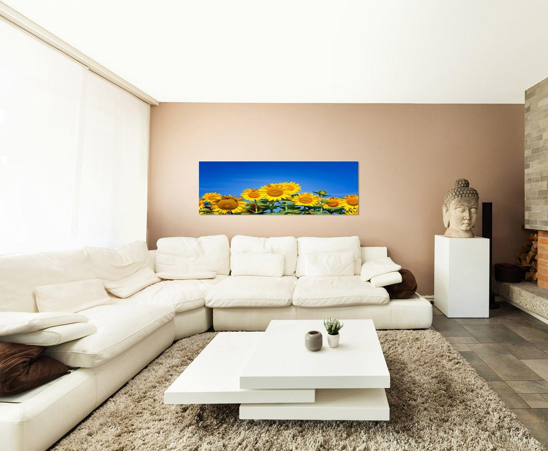 Paul Sinus Art Panoramabild auf Leinwand und Keilrahmen 150x50cm Sonnenblumen Sommer Himmel