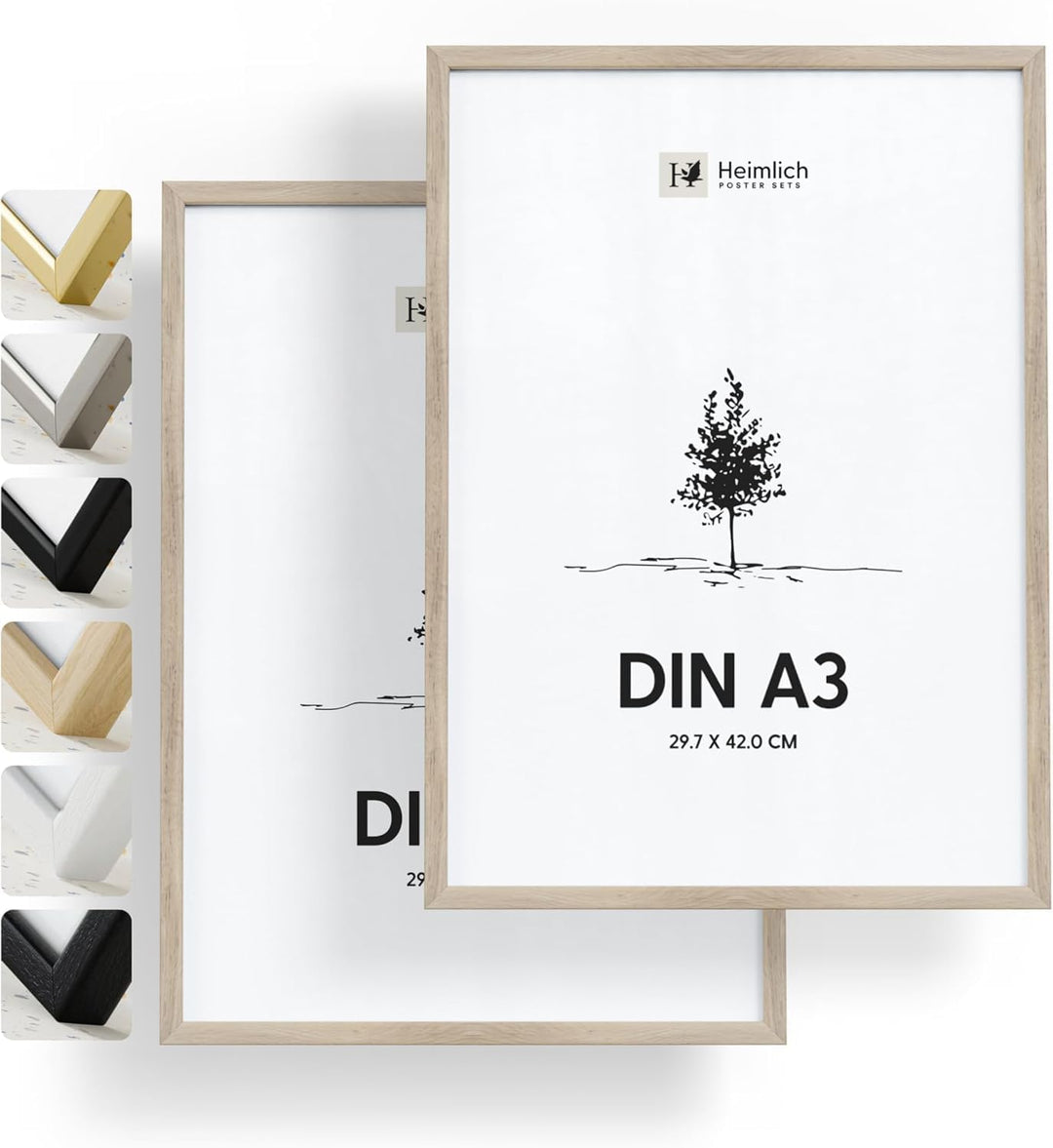 Heimlich® 2x Bilderrahmen DIN A3 30x42 cm Eiche Holz Rahmen 2-Pack | Dokumentenrahmen 29,7x42 cm Gro