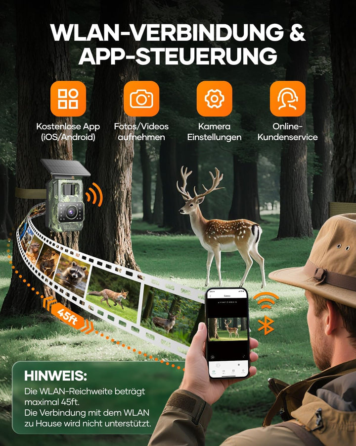 Wildkamera mit Handyübertragung App, 4K 64MP WIAN Solar Wildtierkamera mit Nachtsicht Bewegungsmelde