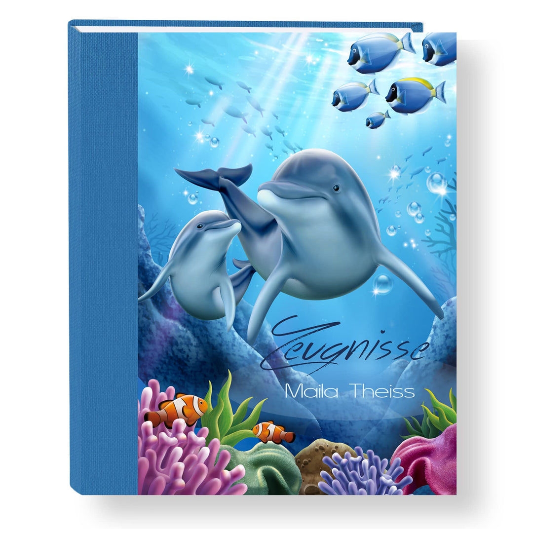 Zeugnismappe personalisiert Delfin Family A4 ca. 31x24 cm blau Zeugnisbuch Delphin Urkundenmappe Ein