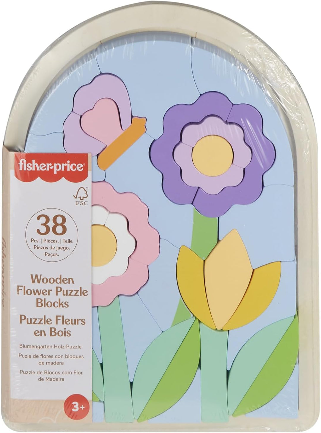 Fisher-Price Spielzeug für Kindergartenkinder Blumengarten Holz-Puzzle mit Stapelblöcken, 37 FSC-zer