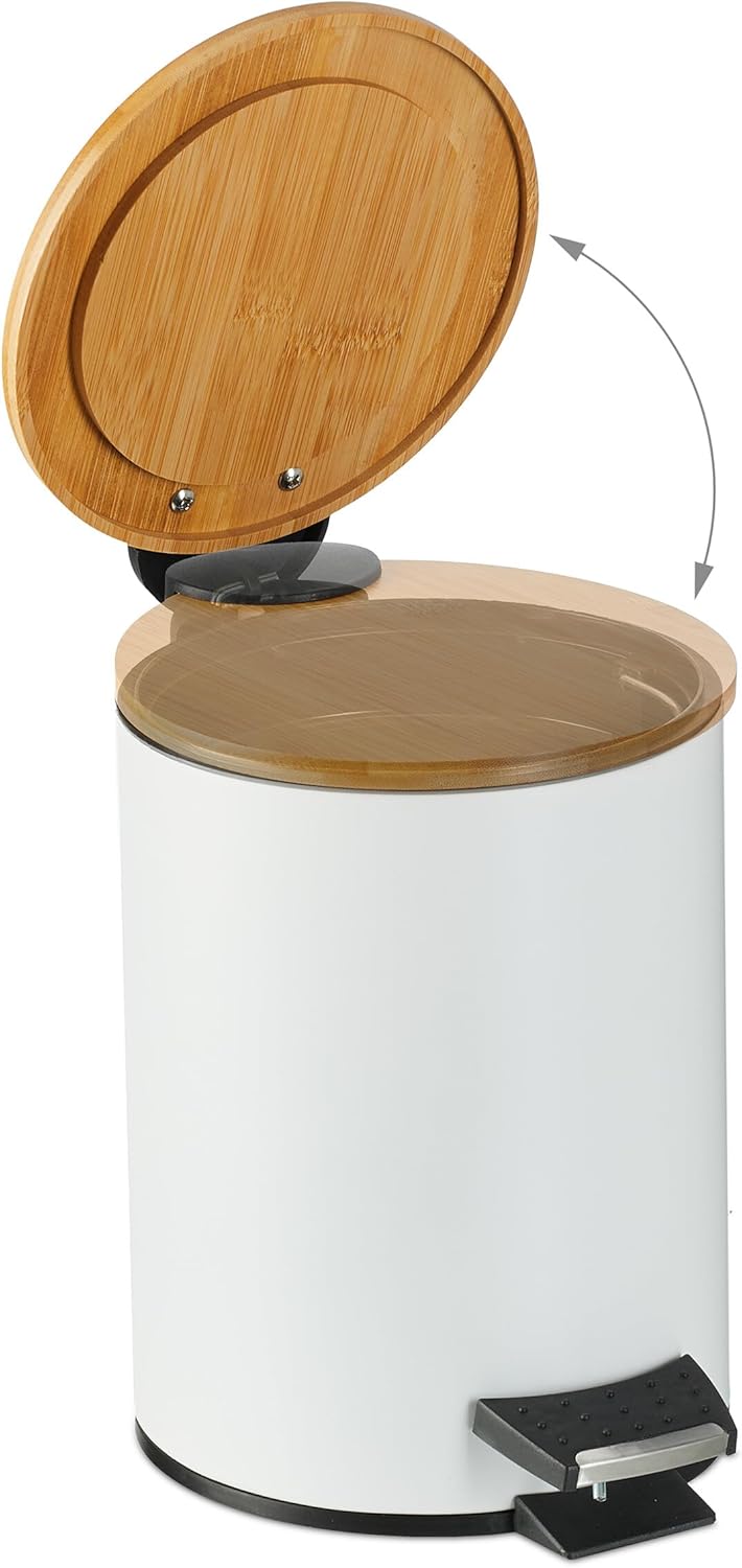 Relaxdays Mülleimer Bad, 3 l, Kosmetikeimer Absenkautomatik, Bambusdeckel, entnehmbarer Inneneimer,