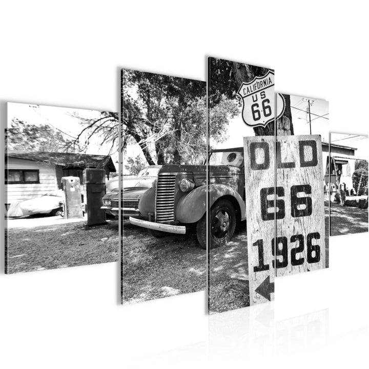 Runa Art Bild Wohnzimmer Auto Route 66 5 Teilig Vintage Schwarz Weiss Wandbilder auf Vlies Leinwand