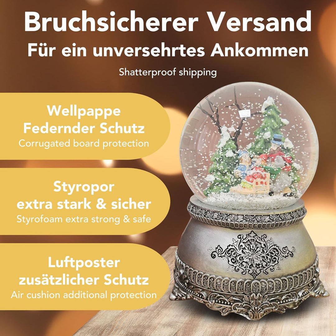 Weihnachts-Schneekugel mit Musik | Schneekugel Winterspaziergang mit Familie | Sockel Zinnoptik Orna