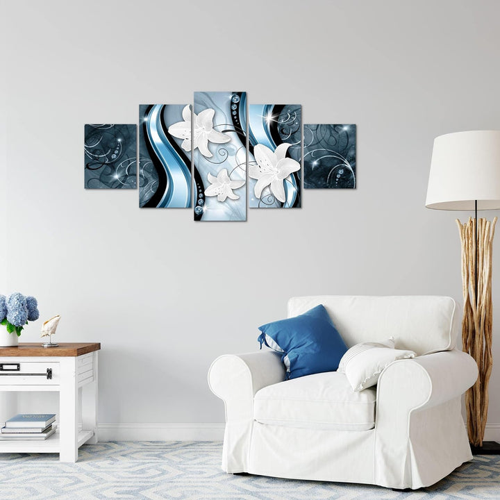 Runa Art Wandbilder Blumen Lilien 5 Teilig Bild auf Vlies Leinwand Deko Wohnzimmer Abstrakt Blau 210