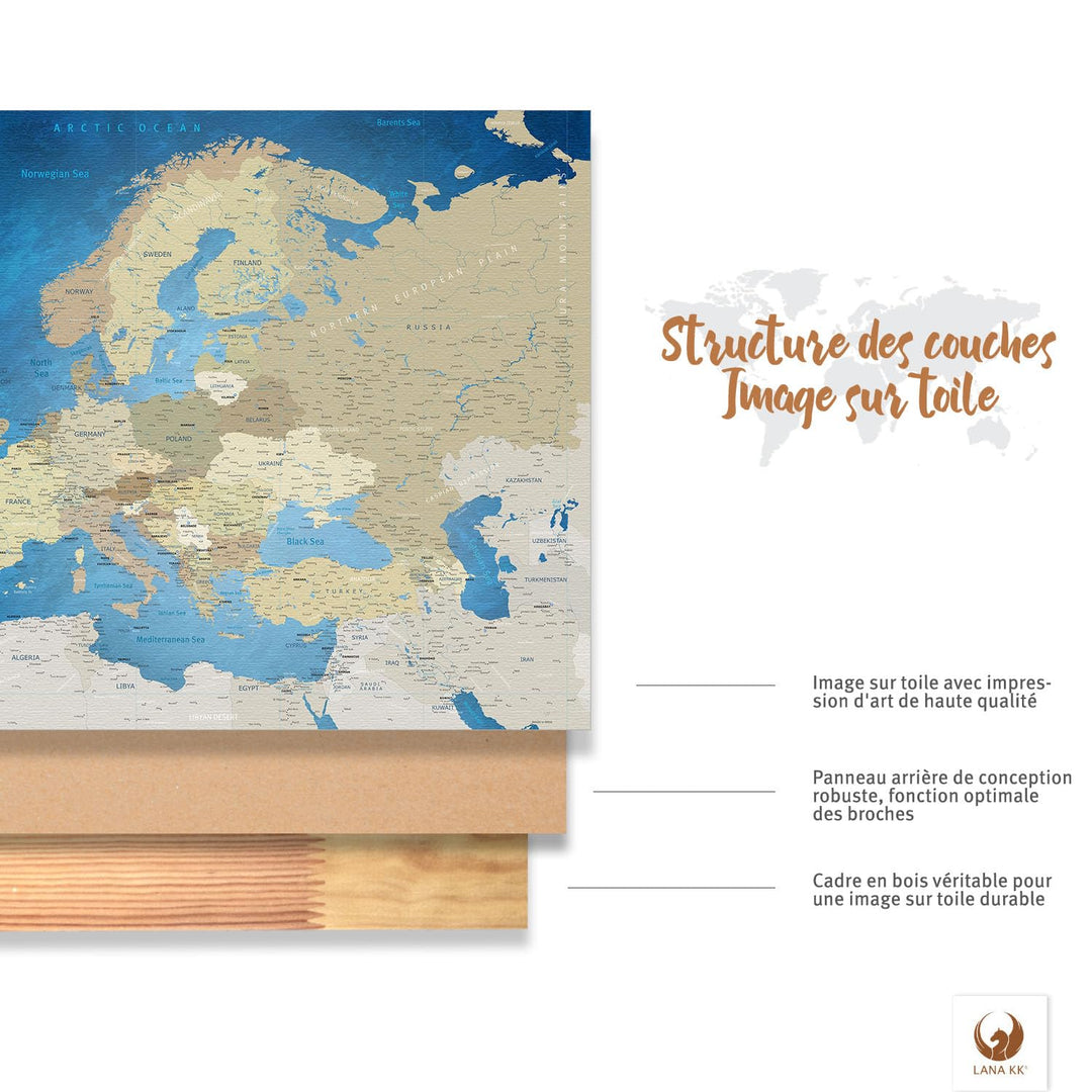LANA KK - Europakarte Leinwandbild mit Korkrückwand zum pinnen der Reiseziele – englisch - Europa Me