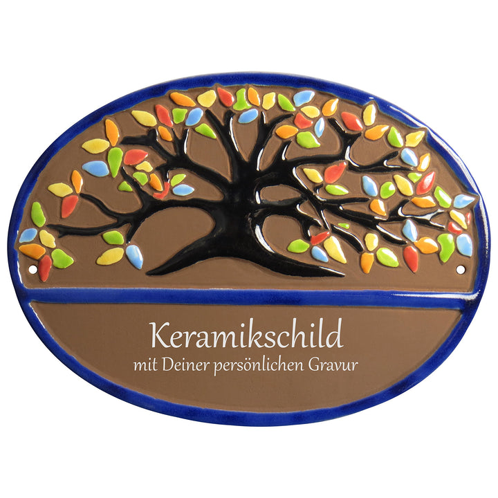 Handarbeit aus Schleswig-Holstein Keramikschild 23,5 x 17,5 cm Bunter Lebensbaum (braun), Braun