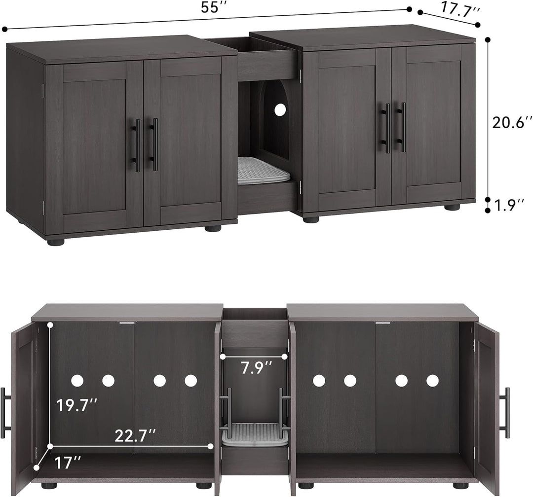 Katzenklo Schrank, 140 x 45 x 57 cm Versteckte Katzenschrank | Katzenkloschrank für 2 Katzen mit 2 F