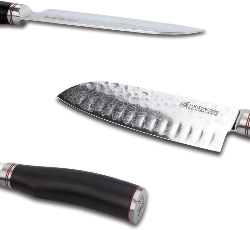 YOUSUNLONG Santoku Messer 7 Zoll (17.8cm) Kochmesser Japanischer gehämmerter Damaststahl Holzgriff a